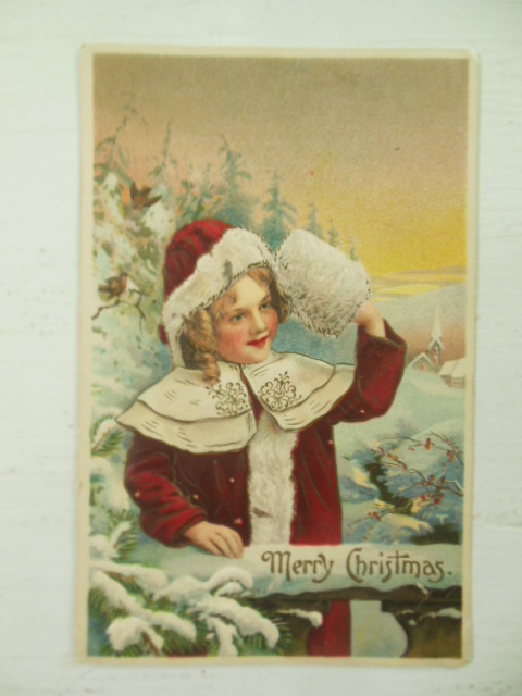 Image for German Embossed Postcard Merry Christmas Girl in Red Coat & Muff by Fence
