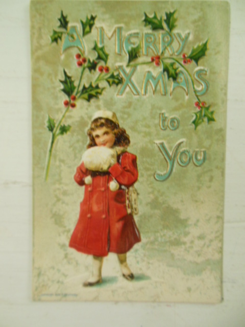 Image for Embossed German Postcard Merry Xmas Holly Little Girl Red Coat & Muff