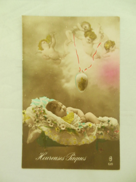 Image for Heureuses Paques French Tinted Postcard (Happy Easter)Baby and Angels
