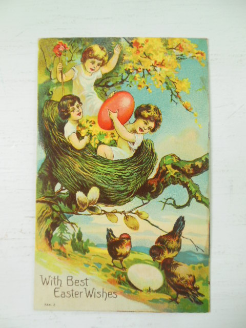 Image for With Best Easter Wishes Little Girls in a Nest Postcard 1910