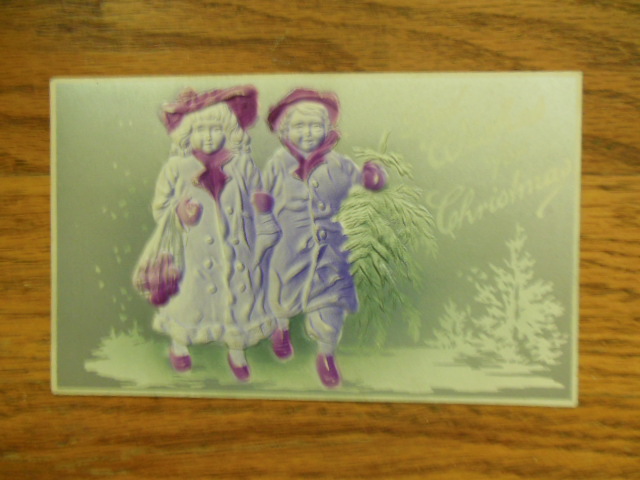 Image for Best Wishes For Christmas Children in Snow Silver and Purple Postcard 1910