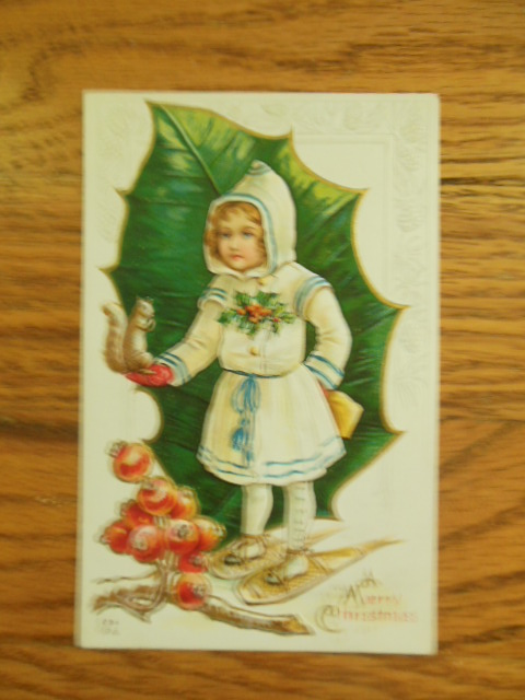 Image for Merry Christmas Girl on Snowshoes Squirrel, Holly Postcard 1914