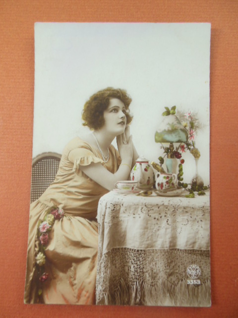 Image for French Hand-Tinted Photo Postcard Woman at Tea Table 1922