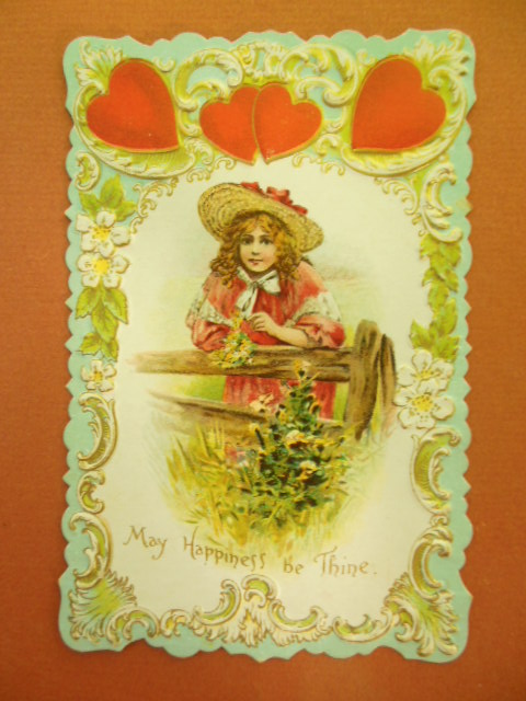 Image for Die-cut Valentine Postcard May Happiness Be Thine Hearts Girl Fence