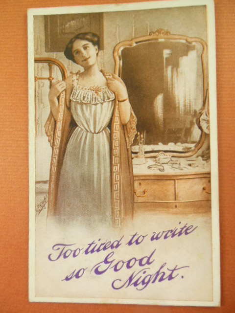 Image for Too Tired to Write So Good Night Postcard. Woman in Nightgown Dresser with Mirror