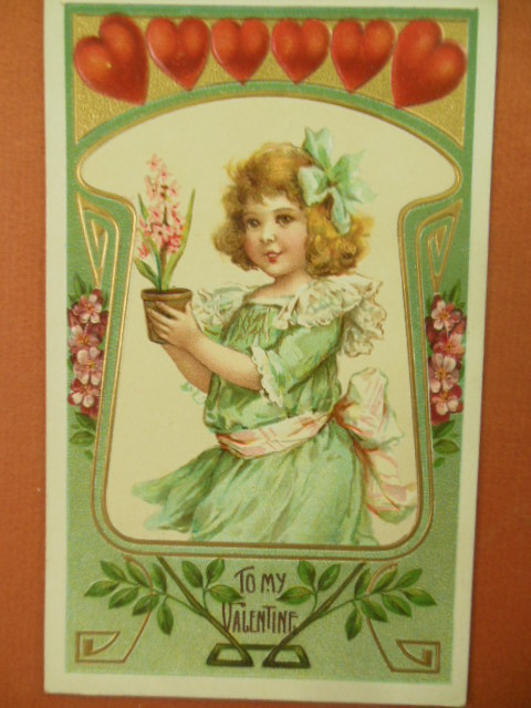 Image for To My Valentine Postcard Row of Hearts, Girl Holding Flowerpot