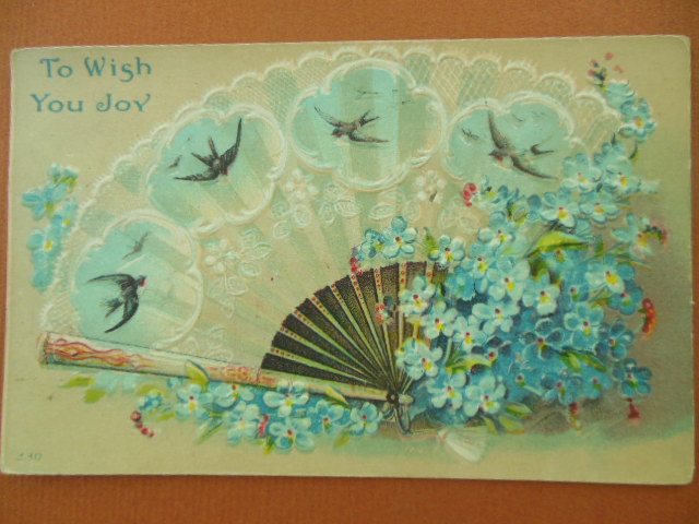 Image for To Wish You Joy Blue Fan and Flowers Vintage Postcard 1913