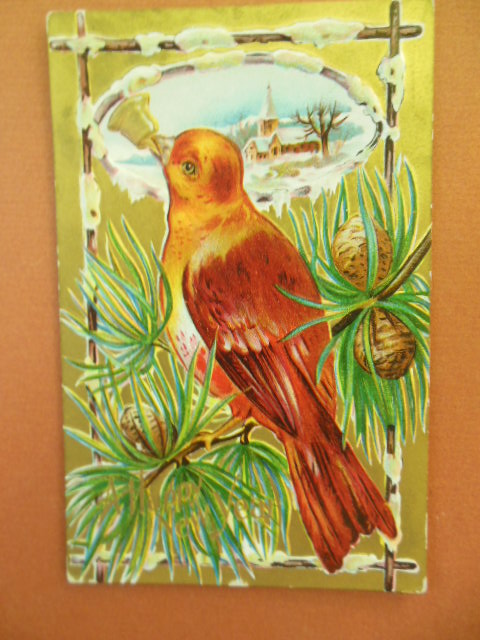 Image for A Happy New Year Bird Series Postcard Large Red Bird in Pine Boughs 1910