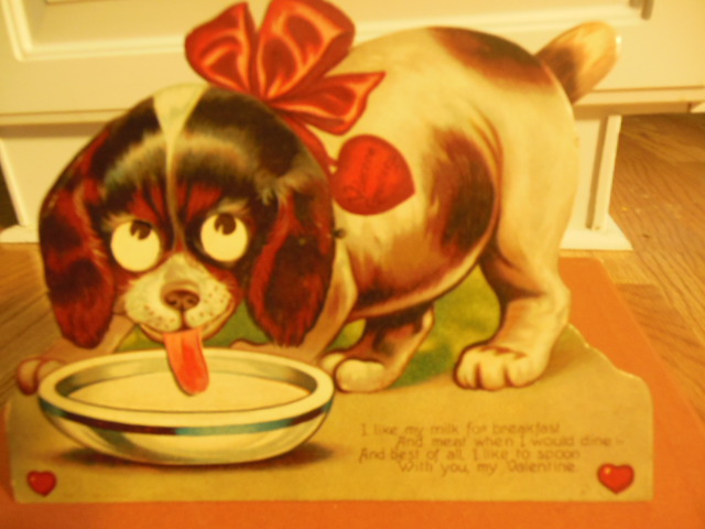 Image for Large Moveable Valentine with Stand Dog Lapping Bowl of Milk