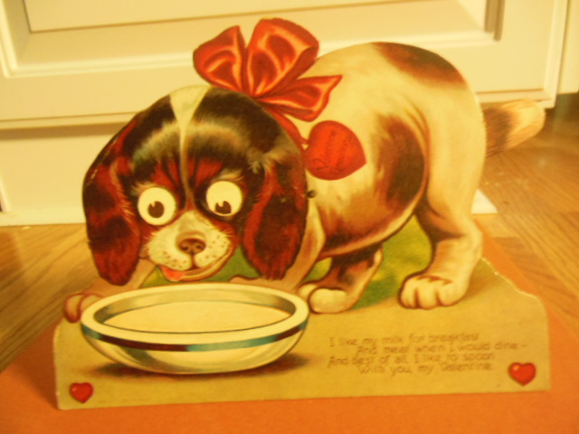 Image for Large Moveable Valentine with Stand Dog Lapping Bowl of Milk