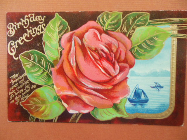 Image for Birthday Greetings Large Rose on Brown Background. Inset Sailboat Vintage Postcard