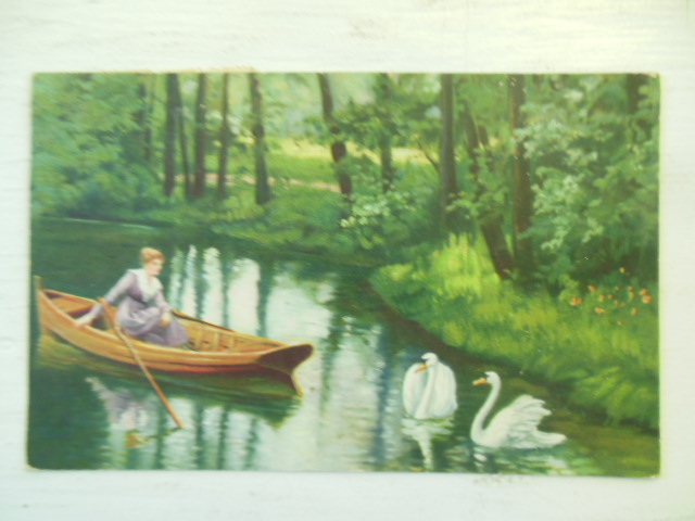 Image for Woman in Canoe Watching Swans Vintage Postcard