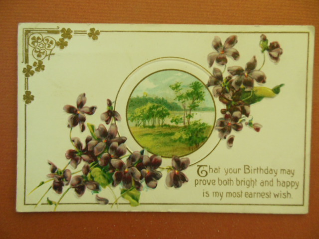 Image for That Your Birthday Might Prove Bright and Happy Violets and Lake Vintage Postcard