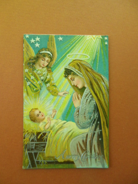 Image for A Merry Christmas Angel Mary Baby Jesus Vintage Postcard Metallic Silver