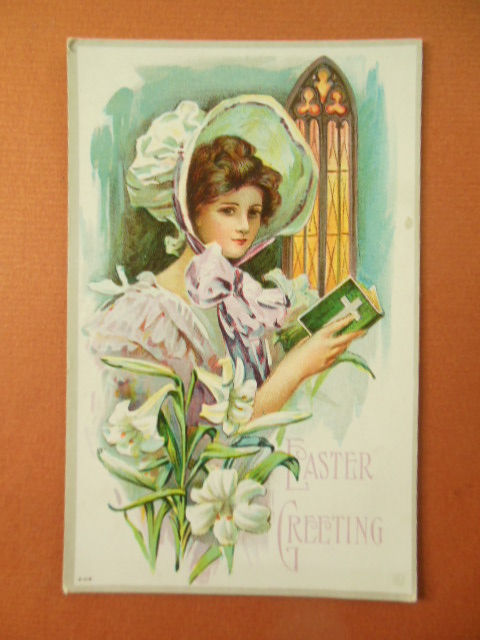 Image for Easter Greeting Bonnet Girl in Church Lilies