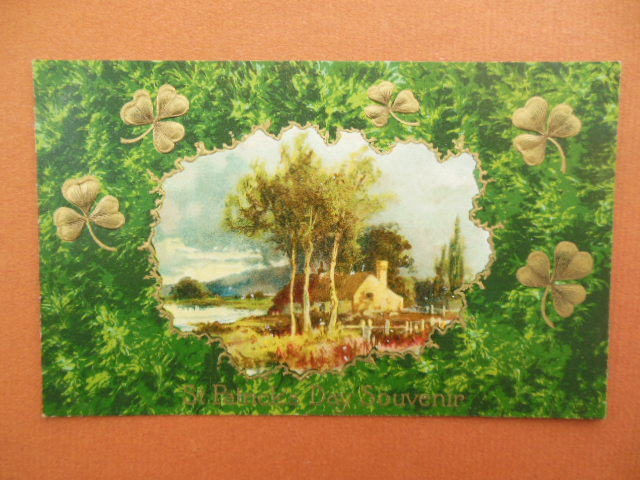 Image for St. Patrick's Day Souvenir Postcard Shamrocks Thatched Roof Cottage by the Sea 1909