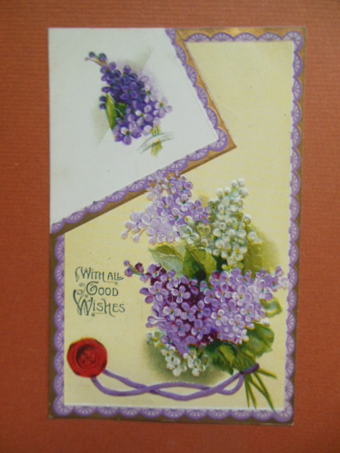 Image for With All Good Wishes Lilacs and Sealing Wax Vintage Postcard 1910