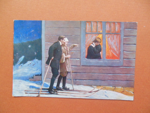 Image for Postcard Couple on Skis Spying Through A Window