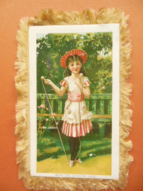 Image for Silk Fringed Card "With the Sender's Love" Little Girl and Jump Rope