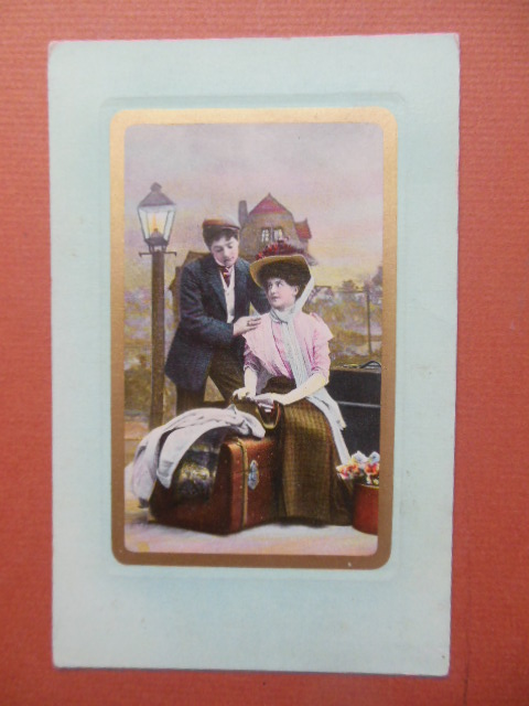 Image for Vintage Postcard Couple By Streetlamp with Luggage (Saxony 1910)