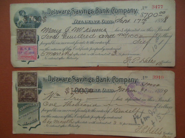 Image for Delaware Ohio Savings Bank 1898, 1899 Bank Certificates of Deposit for Investment