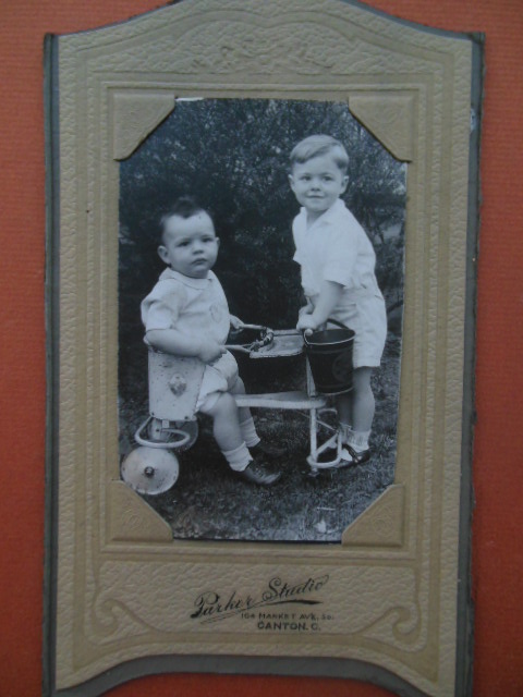 Image for Photograph Two Little Boys Wheeled Cart Sand Pail (Parker Studio,Canton,Ohio)