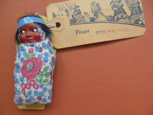 Image for Souvenir Indian Baby Doll Estes Park, Colorado 1940's (Hang Tag with Postage and Address)