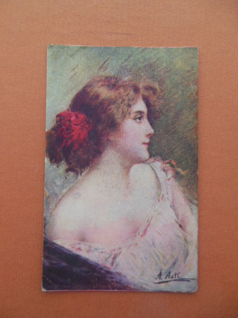 Image for Vintage Postcard Lady in Pink Red Feathers In Her Hair SIGNED A. Astt