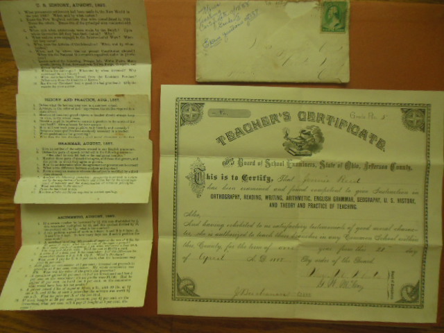 Image for Teacher's Certificate Jefferson County Ohio, 1888 (Jennie Reed)Includes exam questions