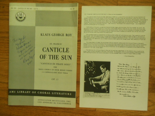 Image for St. Francis' Canticle of the Sun "Cantico Di Frate Sole" For Small Chorus of Four Mixed Voices (A Capella) and Solo Viola OP. 17 (SIGNED by composer KLAUS GEORGE ROY 1953)