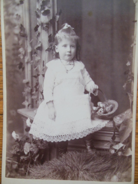 Image for Cabinet Card Little Girl with Flower Basket Sitting on Doorstep (Joshua Smith Studio, Chicago 1876-1886)