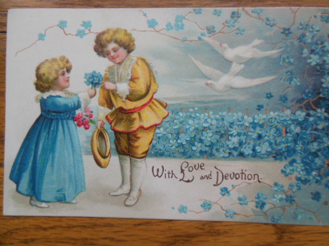 Image for Postcard Devotion and Love International Art Co.(Blue Flowers, Doves)