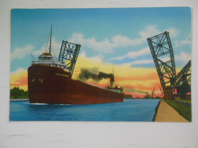 Image for Postcard Empty Freighter Passing Bascule Bridge Sault Ste. Marie, Michigan