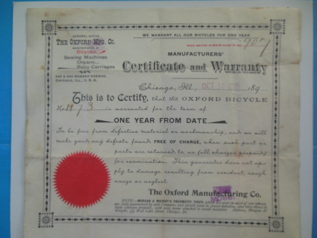 Image for Bicycle Certificate and Warranty Oxford Manufacturing Company 1895