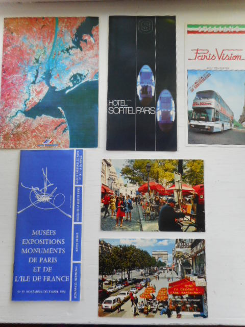 Image for Paris Vacation; double deck bus, Hotel Sofitel Paris, Musees Expositions Monuments Due Paris  and Air France menu, plus two beautiful colorful postcards